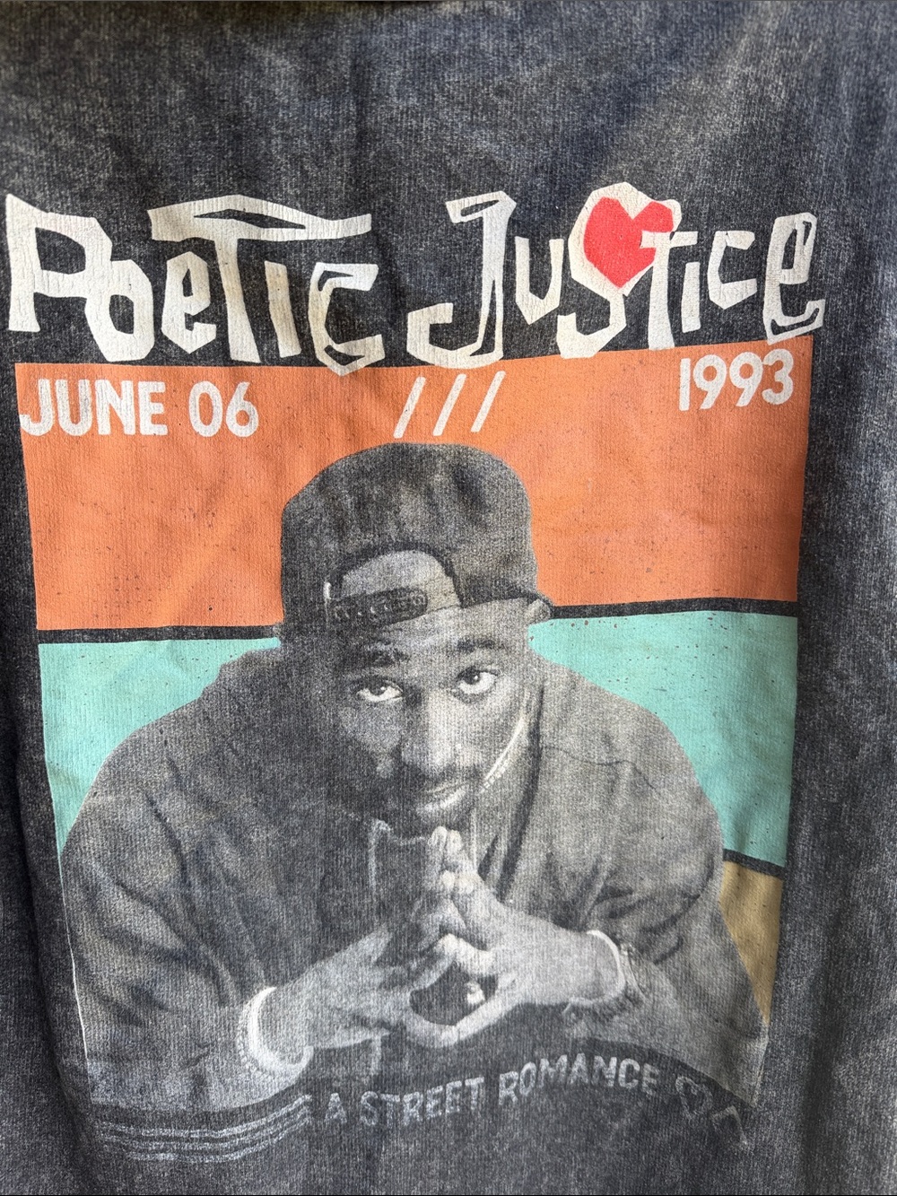 Tupac Poetic Justice Acid Wash Hoodie Graphic Sweatshirt Distressed Hem Size M - Picture 3 of 7